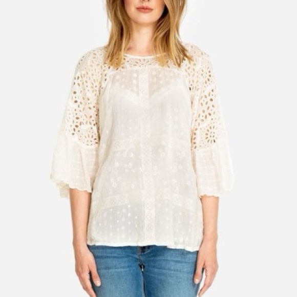 Johnny Was great shape eyelet embroidered cream ruffle sleeves plaid blouse top - Picture 7 of 8